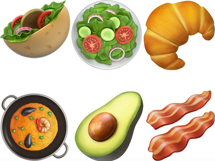 New emojis for pita sandwich, salad, croissant, paella, avocado, and bacon.